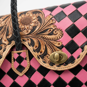 Women's High Quality Genuine <b>Leather</b> Tote Bag With Black Pink Color Checkered Floral <b>Tooled</b> Vintage Style Hasp Closure Daily Use - Product Image 4