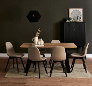Ensemble de table à manger rectangulaire en teck massif moderne Per Se avec 6 chaises rembourrées en tissu, pieds noirs, usage hôtelier - Product Image 5