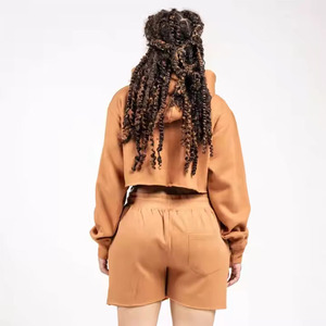 Custom Blank Cotton Polyester Blend Breathable Casual Hooded Sweatshirt and Shorts 2 Piece <b>Set</b> for Women - Product Image 5
