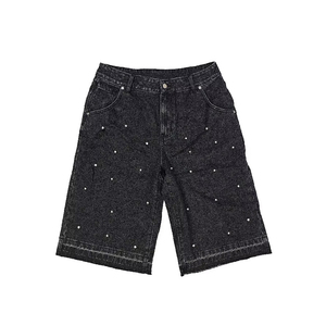 Shorts en jean amples pour hommes, respirants, style streetwear, entièrement ornés de strass, effet vieilli, tissu personnalisable, faible MOQ disponible - Product Image 2