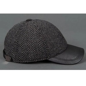 Herringbone Wool Baseball Cap Leather Visor 6 Panel Adjustable Adult Unisex Casual Outdoor <b>Hat</b> - Product Image 2