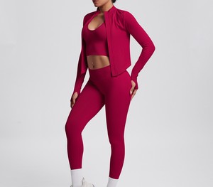 Conjunto Deportivo de Mujer Blanco de Manga Larga, Transpirable, Ligero, de Color Sólido, con Cuello Redondo y Cierre de Cremallera, Ajustado, para Primavera - Product Image 3