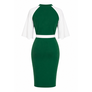 Iota Phi Lambda Women's Green And <b>White</b> Contrast Color Block Bodycon Midi Dress <b>Cape</b> Sleeve Button Detail Waist Tie Fitted Dress - Product Image 4