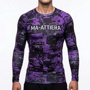 Men Long Sleeve <b>Compression</b> <b>Shirt</b> Purple <b>Black</b> Digital Camo Gym Fitness Running Training Sportswear Performance Base Layer - Product Image 1