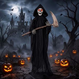 1,8 m große, lebensechte Sensenmann-Halloween-Dekoration mit Sensenmesser und gruseligem Knochenerzrelaun-Geräusch - Product Image 3