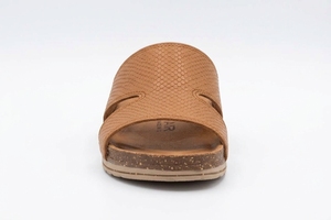 Brown Genuine Leather Flat <b>Sandals</b> Open Toe Slip-On <b>Cork</b> Midsole Rubber Outsole Summer Shoes Breathable Snakeskin Pattern - Product Image 2