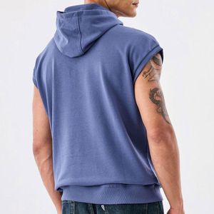 Sweat-shirt à capuche sans manches pour homme, rayé, en coton tricoté, décontracté, pour l'été, avec poche, sans manches - Product Image 3