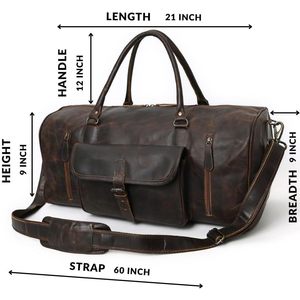 Genuine Leather <b>Duffel</b> <b>Bag</b> 21x9x9 Inch with Adjustable Strap Zipper Closure Men's Travel Carry-on Casual Style - Product Image 1