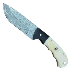 Couteau de chasse artisanal en acier Damas, lame pointue, manche en os et étui en cuir - Product Image 4