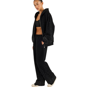 Womens Full Zip Hooded Tracksuit Set Rhinestone Embellished Top Wide Leg <b>Trouser</b> Elastic Waist Two Piece Party Outfit Athleisure - Product Image 4