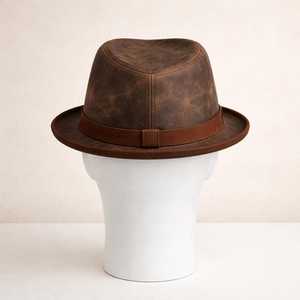 หมวกเฟโดร่าหนังแท้สีน้ำตาลทำมือคุณภาพพรีเมียม สไตล์วินเทจตะวันตก เหมาะสำหรับเดินทางและเป็นของขวัญ - Product Image 2