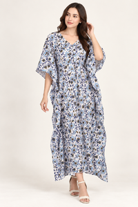 Blue Garden Print Kaftan for Women 100% Cotton V-neck Loose Fit <b>Maxi</b> <b>Dress</b> with Slits <b>Bohemian</b> Holiday Wear - Product Image 2