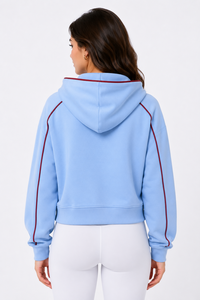 Sweat-shirt à capuche court pour femme, hiver, bleu ciel uni, fermeture demi-zip, en molleton de coton doux, décontracté, long - Product Image 3