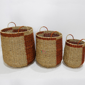 Paniers de rangement en jonc de mer naturel tressé à la main, écologiques, avec poignées, style rustique, multi-usages, forme ronde, ensemble de paniers de rangement pour la lessive - Product Image 3