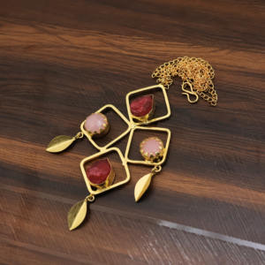 18k Gold Plated <b>Statement</b> <b>Necklace</b> Natural Agate with Rose Quartz Gemstone Jewelry - Product Image 1