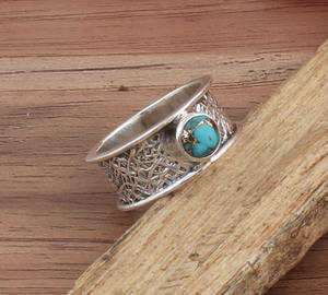Vintage Blue Patina Sterling <b>Silver</b> Turquoise Bezel Setting <b>Ring</b> Handmade Distressed Wide Band <b>Men</b> Women Jewelry Antique <b>Wedding</b> - Product Image 3