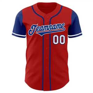 Camiseta de Béisbol para Hombre, Manga Corta, Roja y Azul, con Nombre del Equipo Estampado, Cierre de Botones, 100% Poliéster Transpirable, MOQ Bajo y Servicio ODM - Product Image 1