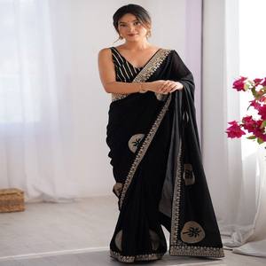 VASTRA COTTAGE Saree Rangoli para Fiesta con Blusa de Seda Artística Bordada, Color Negro, Atuendo Tradicional Étnico para Mujer - Product Image 1