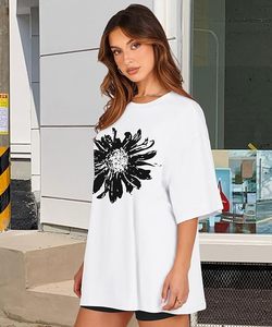 T-shirt décontracté pour femme, blanc, col rond, manches courtes, coupe ample, en jersey de coton, imprimé floral, printemps-été - Product Image 6