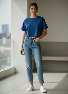 Camiseta Corta Premium para Mujer, Estilo Vintage, Color Azul Sólido, 100% Algodón, Corte Holgado - Product Image 5