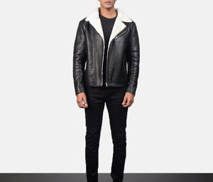 Veste en cuir noir pour homme, style moto, doublure en fausse fourrure, fermeture éclair, col rabattable, style hiver, coupe ajustée - Product Image 2