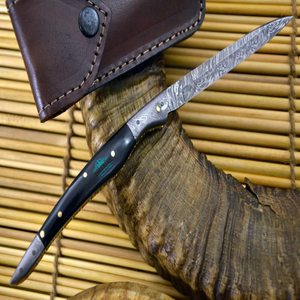 Couteau de chasse TIBERIAL en acier Damas, lame à pointe tombante, manche en Micarta avec étui en cuir, OEM disponible - Product Image 1