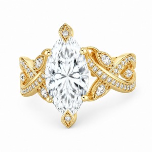 Anillo de compromiso para mujer de oro amarillo de 18 quilates con diamante redondo cultivado en laboratorio, banda ancha con milgrain y diseño de corona real. - Product Image 3