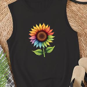 Chaleco de Punto Informal para Mujer con Diseño de Girasol Arcoíris y Hojas Verdes, Cuello Redondo, Spandex/Poliéster - Product Image 3