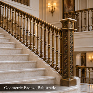 Rampe en bronze géométrique avec poteaux de balustrade sculptés en diamant et balustres tournés, main courante et balustrade en métal - Product Image 1