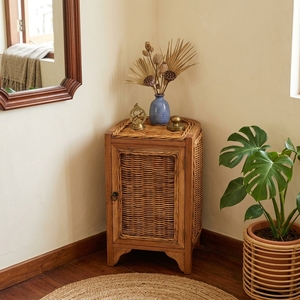 New Modern Minimalist Kanawa Wooden Storage <b>Cabinet</b> Natural Rattan Wicker <b>Corner</b> Door Side Table Storage Unit Living Room Bed - Product Image 3