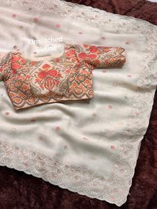 Sari en lin et coton avec broderie Zari et bordure brodée au fil, style fête, avec chemisier assorti - Product Image 2