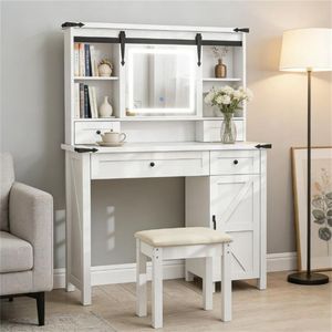 Mobiletto Bianco per Camera da Letto con Toeletta, Sgabello Imbottito e Cassetto Contenitore per Trucchi - Product Image 4