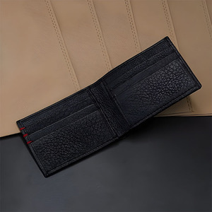 Premium High Quality Genuine Leather Purse Male Luxury Bifold <b>Wallet</b> Red Stitch Retro <b>Black</b> Textured Cowhide Card Holder Pocket - Product Image 2