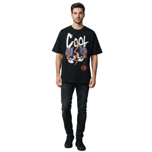 Camiseta de Hombre Negra de Corte Holgado, Manga Corta, Cuello Redondo, con Estampado de Letras, Estilo Urbano, Gráfico - Product Image 3