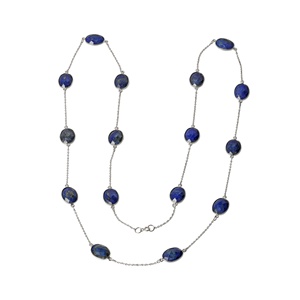 Natural Lapis Lazuli Station <b>Necklace</b> 925 Sterling Silver Bezel Set <b>Long</b> Gemstone Chain <b>Necklace</b> for Women - Product Image 1