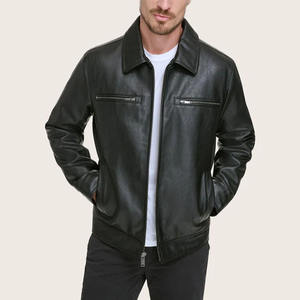 <b>Men</b> Genuine Leather Moto <b>Jacket</b> Turn-down Collar Zipper Closure Autumn Solid Color Regular Fit <b>Biker</b> Style - Product Image 1