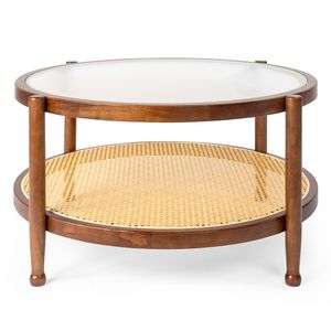 Tavolino da Caffè in Rattan Fatto a Mano Stile Boho da 80 cm con Piano in Vetro per Soggiorno, Patio o Balcone - Product Image 1