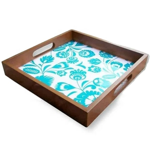 Plateau de service rectangulaire en bois Amaze avec motif floral jaune, design moderne, durable, idéal pour les cadeaux, ensemble de plateaux de service en bois - Product Image 2