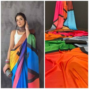 FANCY SUAVE SEDA EFECTO 4D IMPRESIÓN DIGITAL SAREE CON BLUSA SIN COSTAR MULTI COLOR - Product Image 1