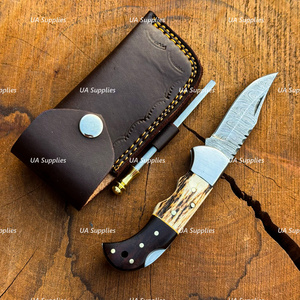 Damascus Steel OEM Handmade Back Lock Folding Multi-Functional Outdoor Hunting <b>Knife</b> Clip Point Blade Stag Horn Rosewood <b>Handle</b> - Product Image 6