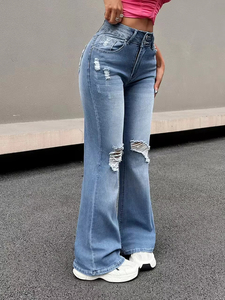 Jeans de Mujer de Cintura Alta, Rotos, Acampanados, Ajustados, Elásticos, de Mezclilla, Estilo Bootcut, Casuales, a la Moda, OEM, Personalizados, al por Mayor - Product Image 6