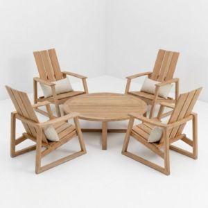 Conjunto de Muebles de Jardín de Madera Contemporáneos, 4 Sillones, Mesa de Centro Redonda, Base de Listones, para Hotel, Resort, Villa - Product Image 3