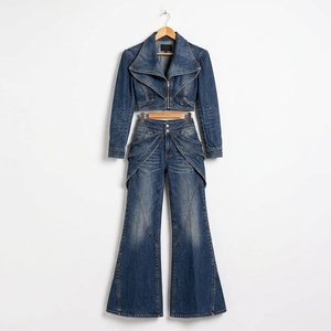 <b>Womens</b> <b>Blue</b> Denim Two Piece Set Sculpted Cropped Jacket Wide Leg <b>Jeans</b> Asymmetric Waist Detail Custom Fashion Streetwear - Product Image 5