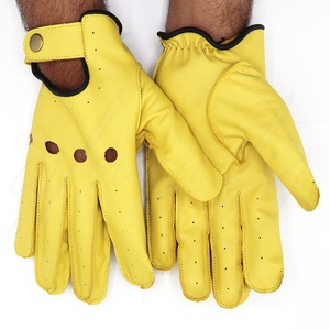 Gants de conduite en cuir de chèvre de haute qualité, personnalisables, unisexes, avec doublure jaune, légers et antidérapants pour le voyage et le sport - Product Image 1