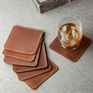 Sous-verre classique en cuir noir carré pour table à manger, avec bord cousu, accessoire de table. - Product Image 5