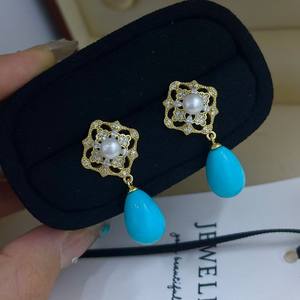 Boucles d'oreilles pendantes en perles d'eau turquoise bleue, 7-8 mm, design floral géométrique en argent pur, bijoux de banquet tendance - Product Image 5