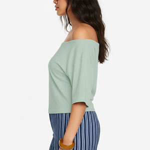 Custom Embriordery Logo Shoulder Style Crop <b>Top</b> T-Shirt 100% Cotton Jersey Lightweight Fashionable Summer Wear Tee Shirt - Product Image 2