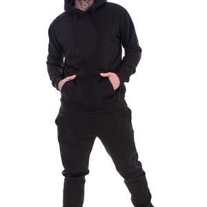 <b>Men's</b> Black Hooded Printed Fleece Tracksuit Set Casual Full Sleeve Solid Color Sweatshirt <b>Pants</b> Side Pockets Regular Fit Winter - Product Image 1