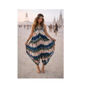 Combinaison élégante multicolore tie-dye pour femme, sans manches, à bretelles, col en V, coupe ample, style harem fluide, idéale pour la plage et les vacances - Product Image 2