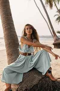 Mono de algodón bohemio azul cielo, de pierna ancha, para descansar, para vacaciones en resort, para uso diario, sin mangas - Product Image 2